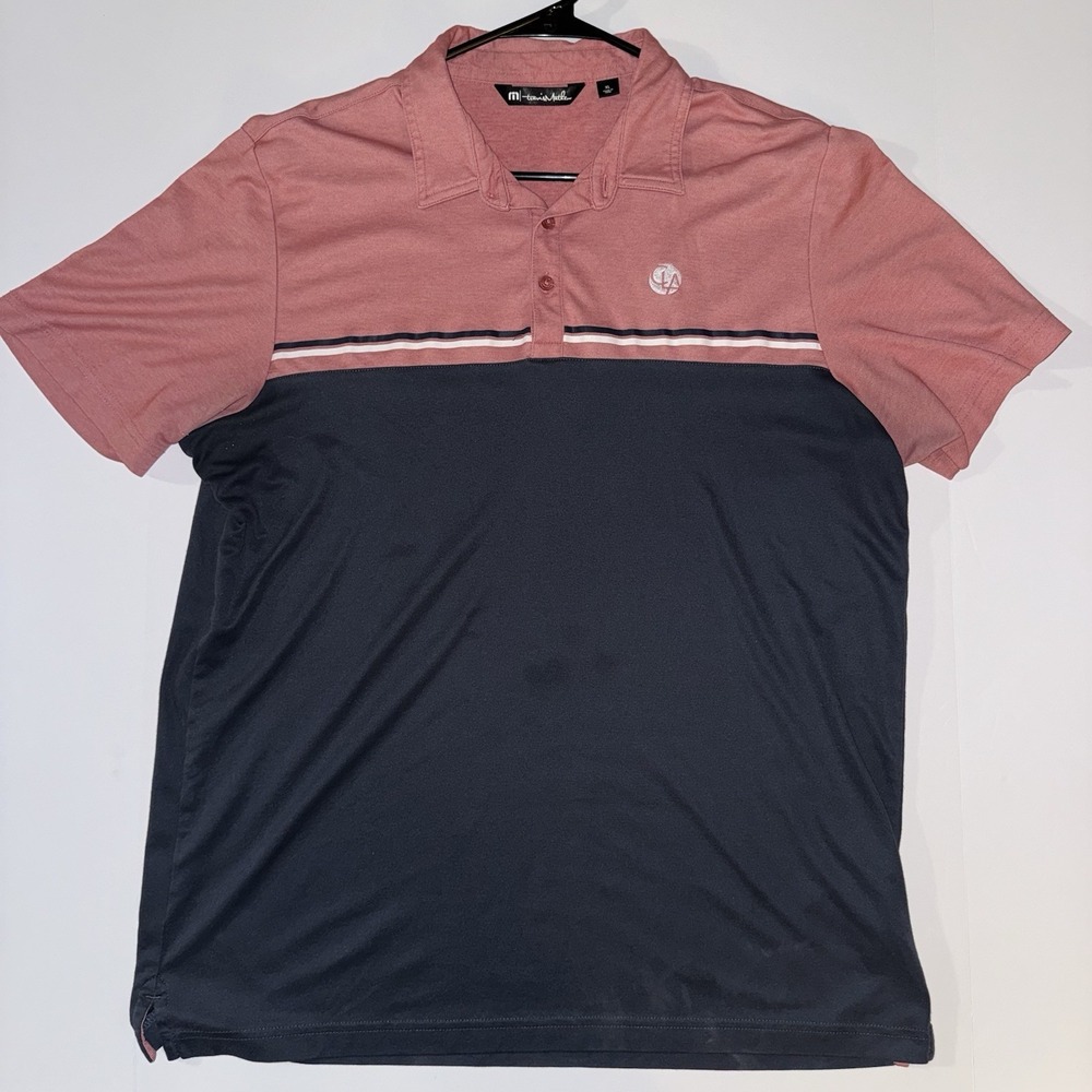 Men's XL TravisMathew Pink/Navy Colorblock Polo Shirt Short Sleeve Logo